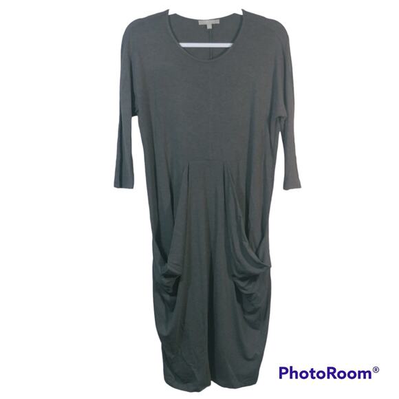 Joan Vass  Gray Drape Pockets Lagenlook Stretch Dress 3/4 Sleeve Size Small - Picture 1 of 6